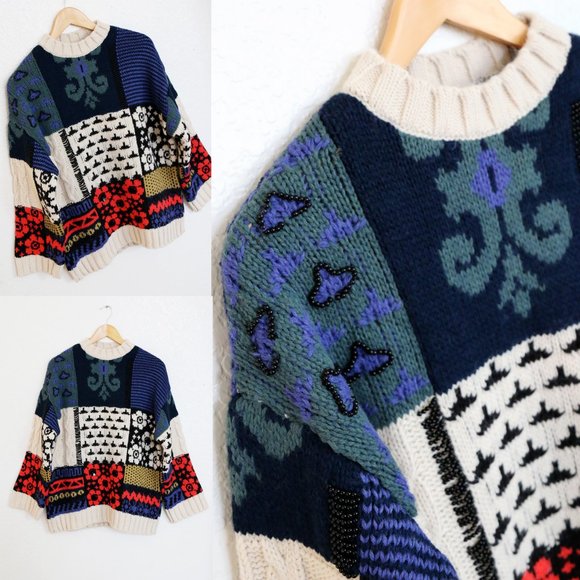 NEW Zara Patchwork Wool Blend Beaded Applique Oversize Limited Edition Sweater M - Picture 15 of 16